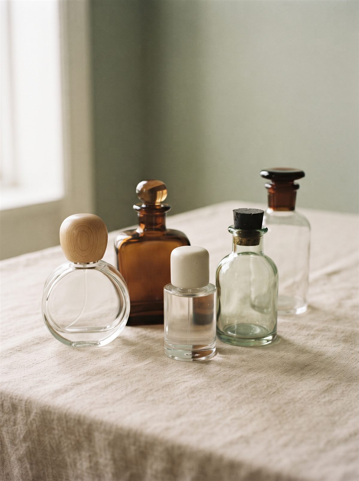 Composición de perfumes Origen sobre superficie beige
